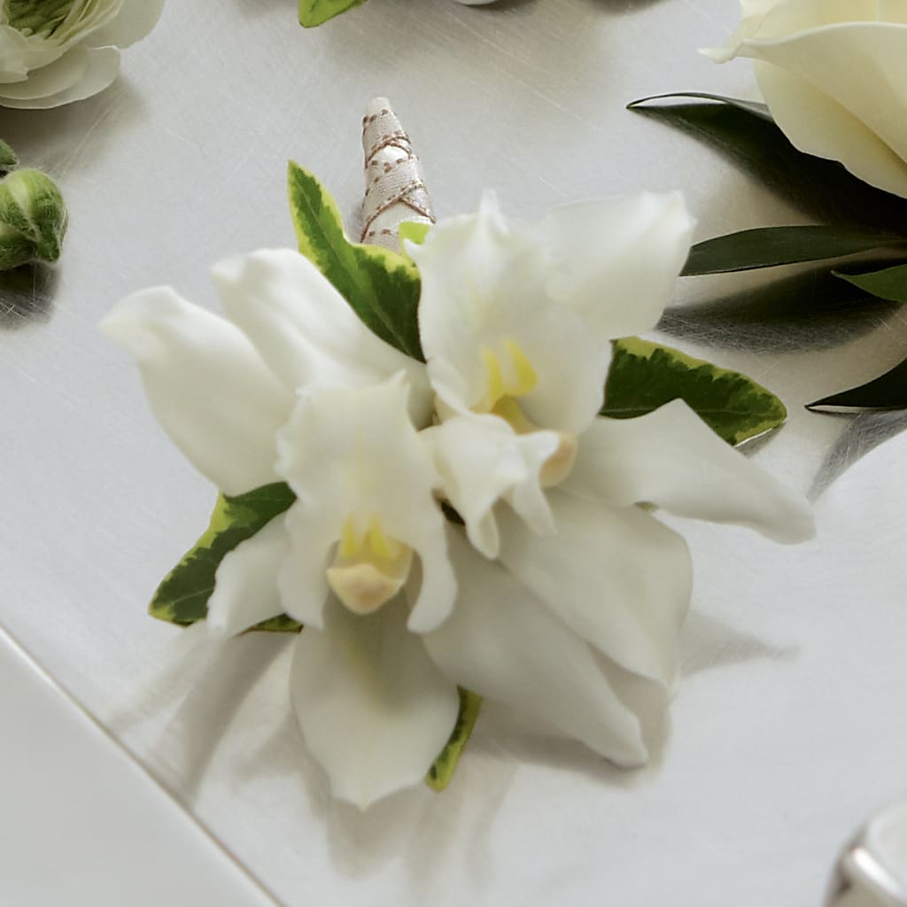 White Mini Cymbidium Boutonniere – Waynesboro Emporium, Waynesboro GA